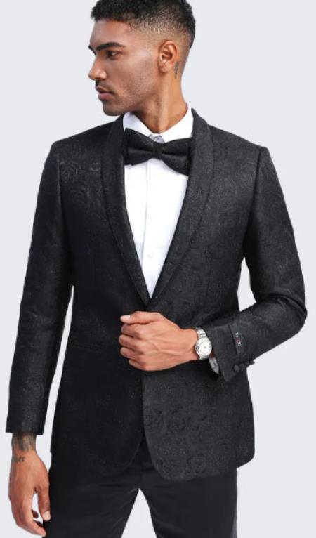 Men’s Black Floral Patterned Tuxedo Jacket, Formal Wedding Prom Dinner Blazer with Shawl Lapel