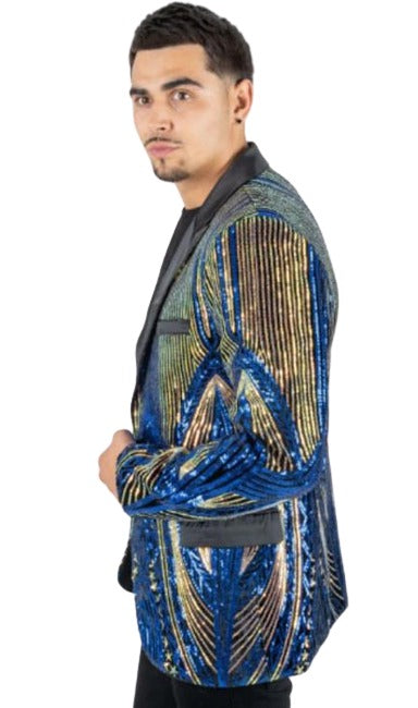 Mens Sequin Blazer - Shiny Stage Flashy Sport Coat - Slim Fit Blue ~ Gold