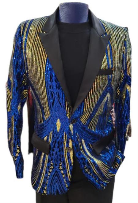 Mens Two Toned Sequin Blazer - Royal Blue Prom 2026 Shiny Tuxedo Slim Fit