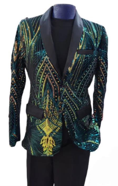 Mens Two Toned Sequin Blazer - Green Prom 2025 Shiny Tuxedo Slim Fit