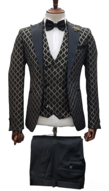 Gold Tuxedos - Paisley Suits - Prom 2026 Suits - Wedding Tuxedos Suits - Groom Suit Black ~ Gold