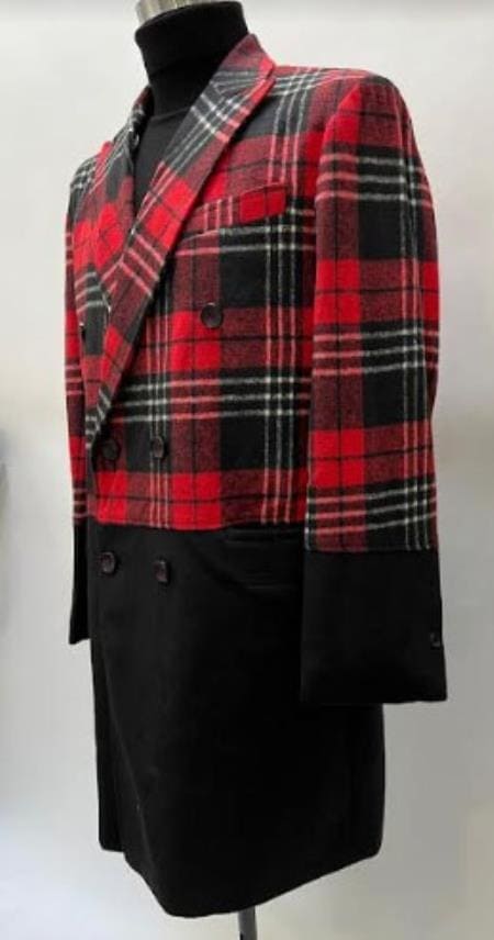 Mens Plaid Overcoat - Houndstooth Checker Pattern Topcoat - Red