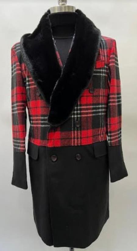 Mens Plaid Overcoat Checker - Houndstooth Pattern Topcoat - Red ~ Black