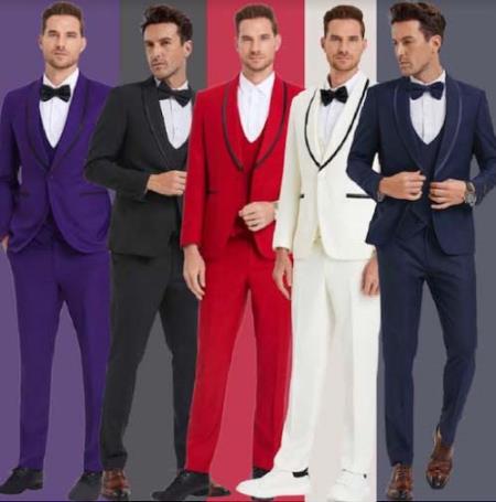 Men’s Trim Lapel Prom Tuxedo– 3 Piece Wedding Suit in Purple, Black, Red, Ivory, or Navy