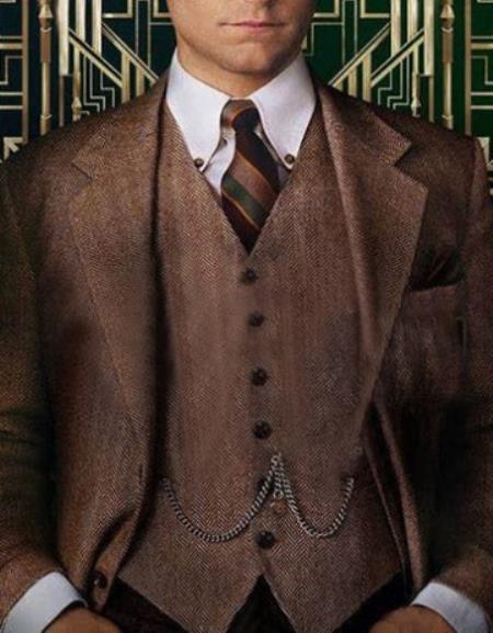 Men’s Great Gatsby Costume Package, Brown 1920s Suit with Vest, Pants, Shirt and Tie
