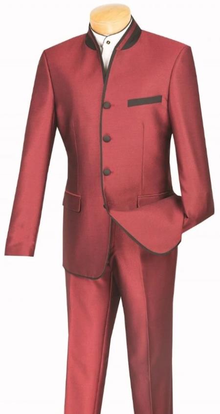 Wedding Groom Suit - Prom 2026 Tuxedo Suit - No Collar Weddig Tuxedo - Wine