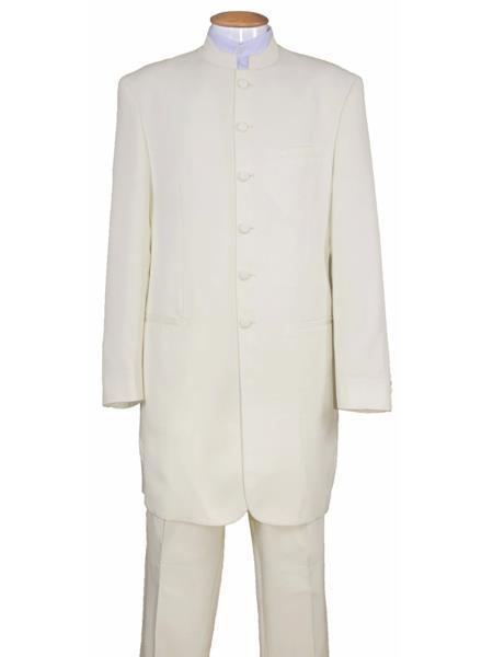 Men’s Cream Mandarin Collar Tuxedo, No Collar Formal Wedding Prom Suit