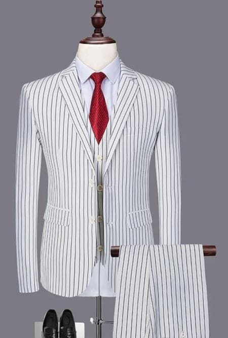 SKU#JA60387 White Suit With Black Pinstripe - 1920'S 1940'S Dress Suit