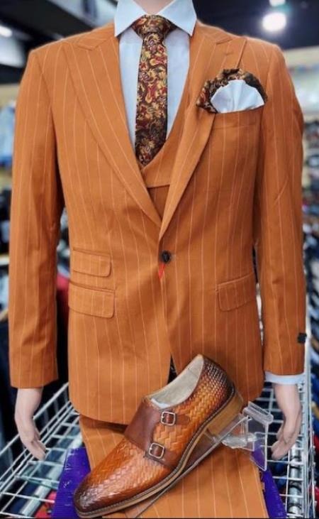 Suit And Shirt Combinations Orange Pinstripe Suit - Rust - Cognac Brick Color Suit + Free White Shirt(Combo Deal)