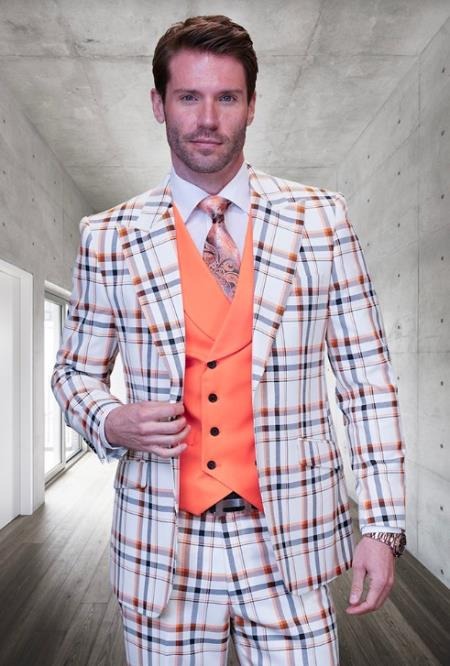 Statement Suits - Plaid Suits - Vested Suits- Peak Lapel Suits - Orange