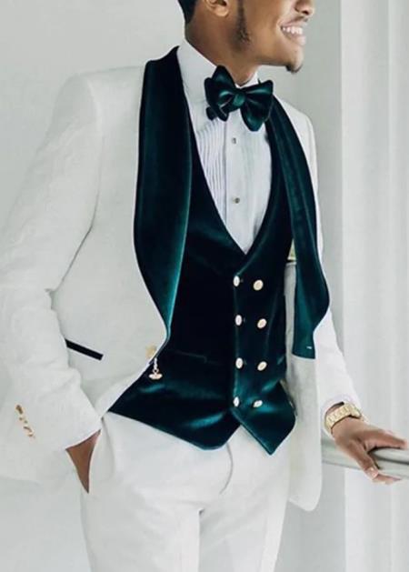 Men’s White and Dark Green 3-Piece Tuxedo – Groom Wedding and Prom Suit with Velvet Shawl Lapel