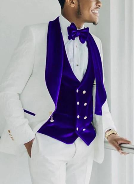 Men’s White and Royal Blue 3-Piece Tuxedo – Groom Wedding and Prom Suit with Velvet Shawl Lapel