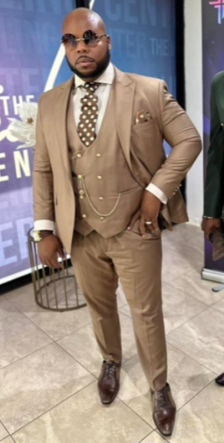 Rossiman Mens Tan Suit - Gold Buttons & Double-Breasted Vest Elegance