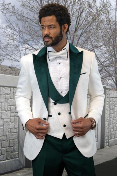 Men’s White and Hunter Green 3-Piece Wedding Tuxedo – White Dinner Jacket with Hunter Green Shawl Lapel