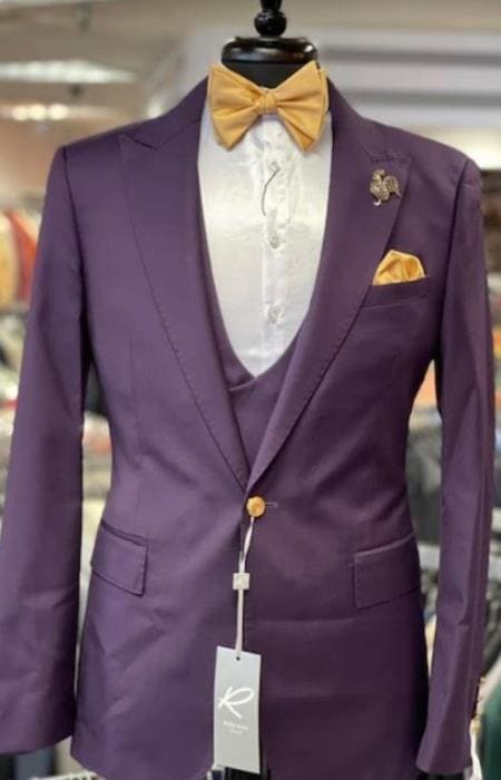 Rossiman Menâ€™s Plum Purple Suit â€“ Gold Buttoned Double-Breasted Elegance