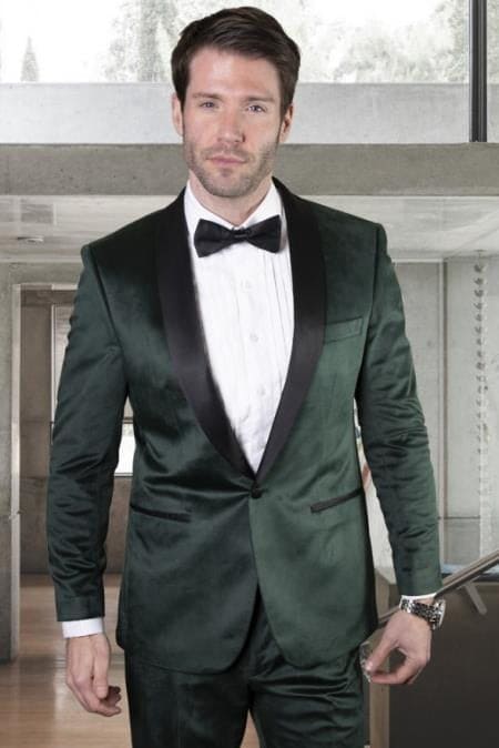 Hunter Green Tuxedo Velvet Lapel, Velvet Vest With Gold Button And Side Trim On The Pants