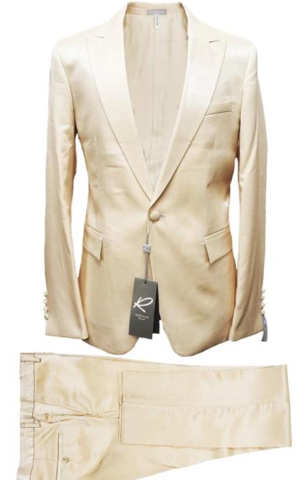 Rossiman Men’s Cream Sateen Suit – Elegant Glossy Formalwear