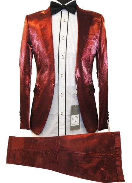 Rossiman Menâ€™s Red Sateen Suit â€“ Glossy Finish Bold Formalwear