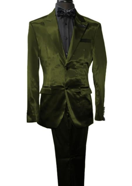 Mens Shiny Blazer - Olive Green Sateen Vested Suit | Alberto Nardoni