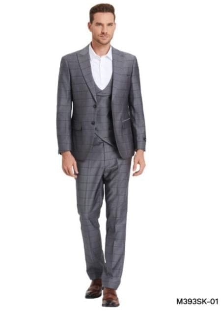 3 Piece Plaid Suit -Gray Mens Plaid Suit