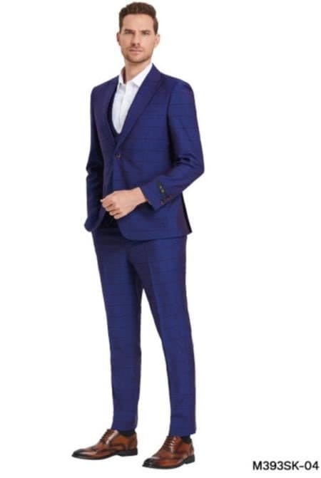 3 Piece Plaid Suit - Dark Blue Mens Plaid Suit