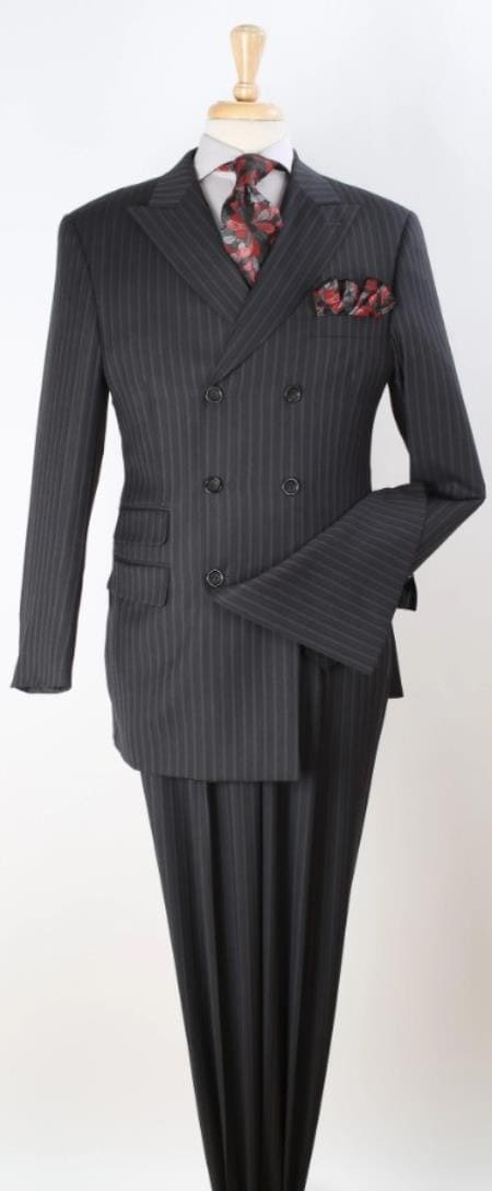 Double breasted Pinstripe Suit - Mens 3pc Double Breasted Suit - Charcoal Stripe - AlbertoNardoniStore