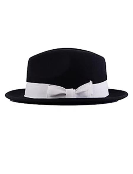 Black hat with rounded crown and flat brim. White satin ribbon band with a bow. Made of a soft felt or wool blend material.
