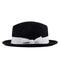 Black hat with rounded crown and flat brim. White satin ribbon band with a bow. Made of a soft felt or wool blend material.
