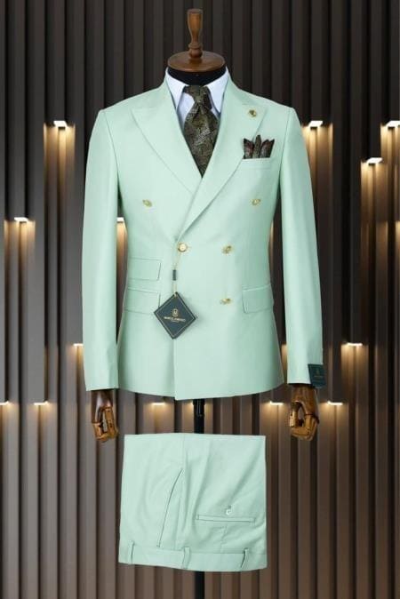 Narrow Legs Ultra Slim Fit Double Breasted Wool Suits Mint Green Suit - AlbertoNardoniStore