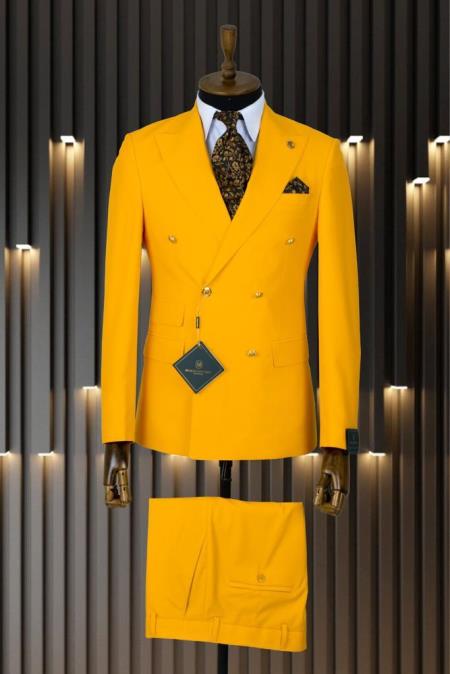 Men’s Gold Double Breasted Blazer, Bright Yellow Formal Sport Coat for Wedding and Party Events