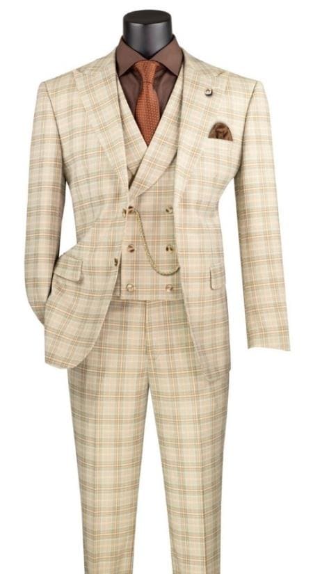 3 Piece Plaid Suit - Khaki Mens Plaid Suit