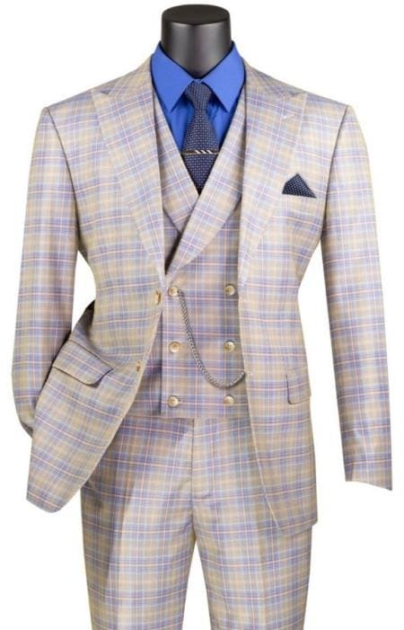 3 Piece Plaid Suit - Blue Mens Plaid Suit