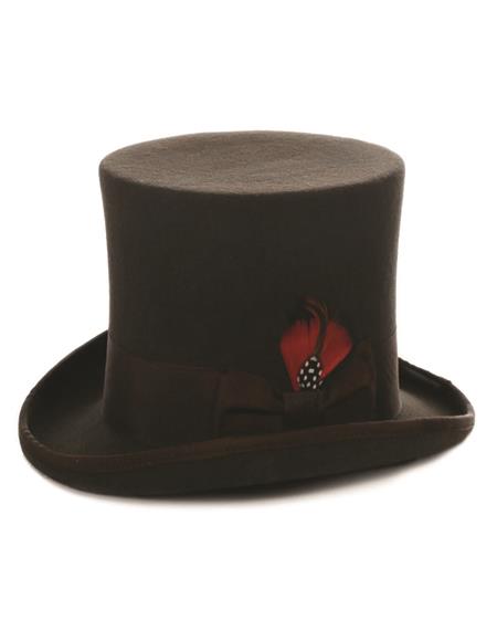 Brown felt top hat with a tall crown and wide brim. It's decorated with a red feather and a black bow.

