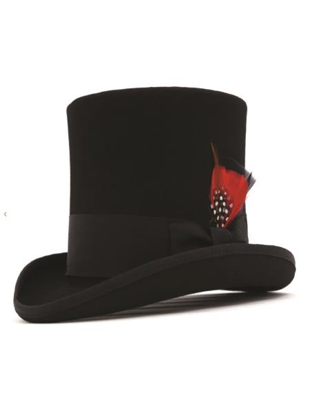 Black top hat: tall cylindrical crown, wide brim. Decorative band with red feather, white accents. Classic formal headwear.
