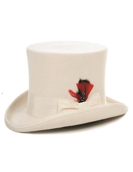 Off-white top hat with a tall crown and wide brim, crafted from soft felt. It has a ribbon band with a side-placed red and black feather.
