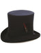 Navy top hat with cylindrical crown and curved brim. Crafted from felt, it features a feather accent.
