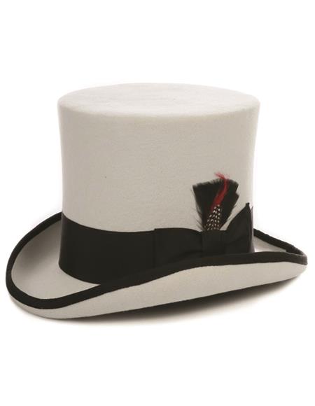 Grey top hat with black satin band and feather detail. Flat crown, wide curved brim. A classic, elegant design.
