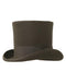 Charcoal top hat: tall, cylindrical crown, wide curved brim. Smooth surface with satin band around the base. Classic, elegant design.
