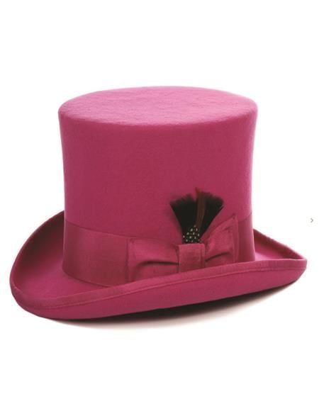 Fuchsia top hat with a tall crown and curved brim. Felt-like material with a side bow and feather embellishment.
