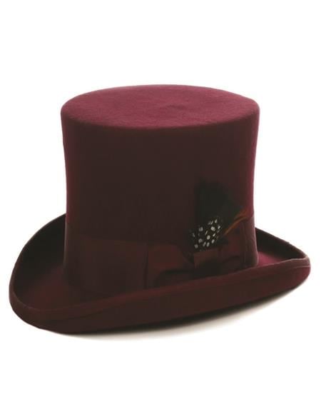 Burgundy top hat with cylindrical crown and wide brim. Felt-like exterior, adorned with a feather and embellishment. Classic formal wear.
