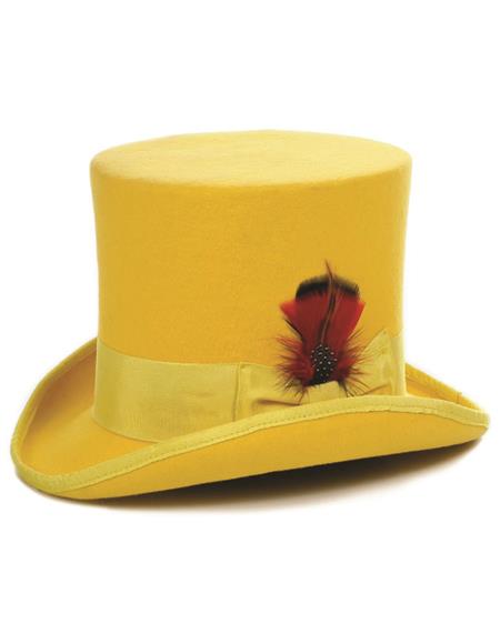 Yellow felt top hat. Cylindrical crown, curved brim. Satin ribbon, feather detail.
