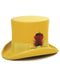 Yellow felt top hat. Cylindrical crown, curved brim. Satin ribbon, feather detail.
