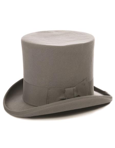 Light grey top hat with a cylindrical crown and upturned brim. Smooth, felt-like material with a matching grey ribbon around the base.

