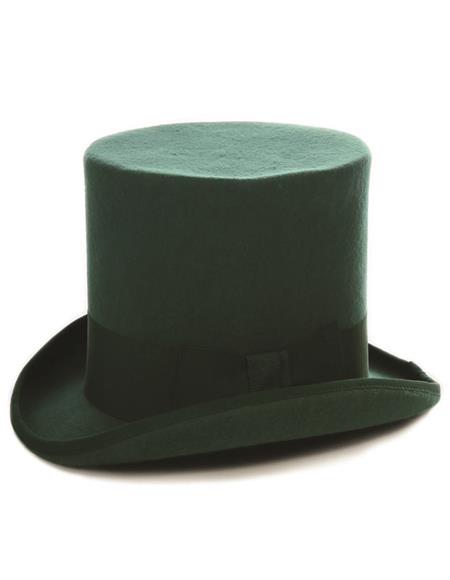Hunter green top hat with a tall, cylindrical crown and curved brim. Crafted from felt-like material with a matching ribbon band. Moderate brim width.
