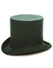 Hunter green top hat with a tall, cylindrical crown and curved brim. Crafted from felt-like material with a matching ribbon band. Moderate brim width.
