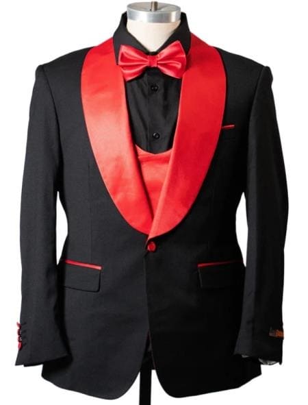 Holiday Suit - Christmas Suit - Christmas Blazer 1 Button Shawl Lapel Tuxedo With Vest Black And Red