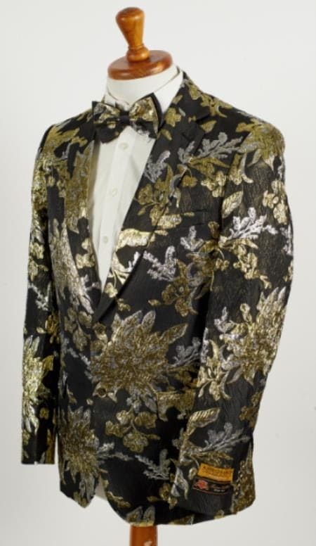 Big And Tall Tuxedo Jacket - Black ~ Gold Paisley Floral Blazer