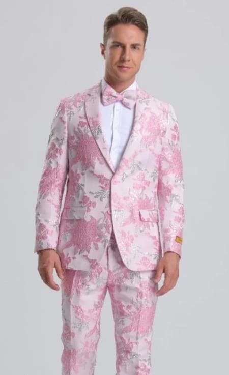 white tux with pink dress Pink And White Tuxedo Suit With White Pants + White Shirt + Pink Vest and  Bowtie