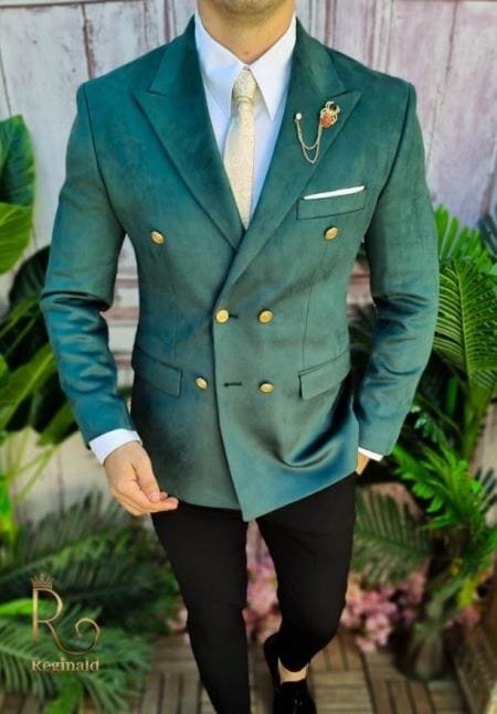 Mens Blazer - Green Velvet Fabric - Double Breasted Blazer