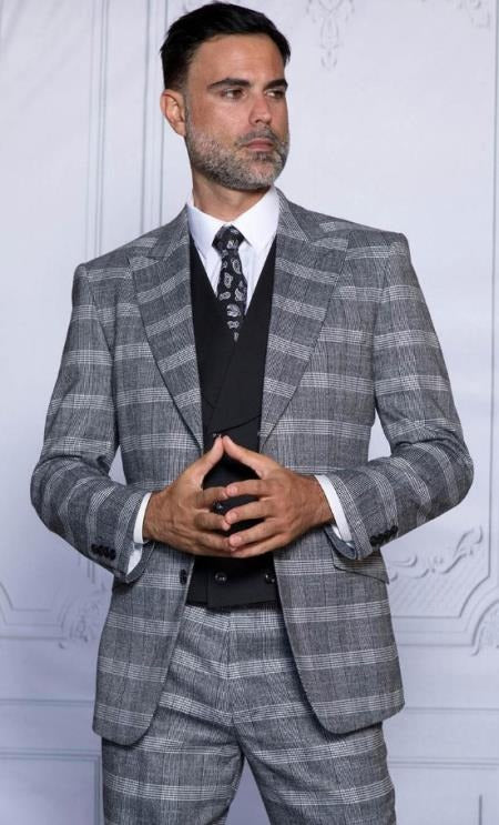 Gray Plaid Suit - Glen Plaid With Black Vest - 100% Wool Super 150'S Wool Suit - Grey Checkered Suit